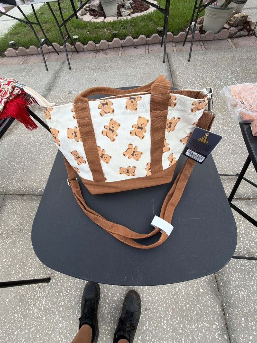 Becool Teddy Bear Print Canvas Crossbody Mini Tote Bag with Pom Pom